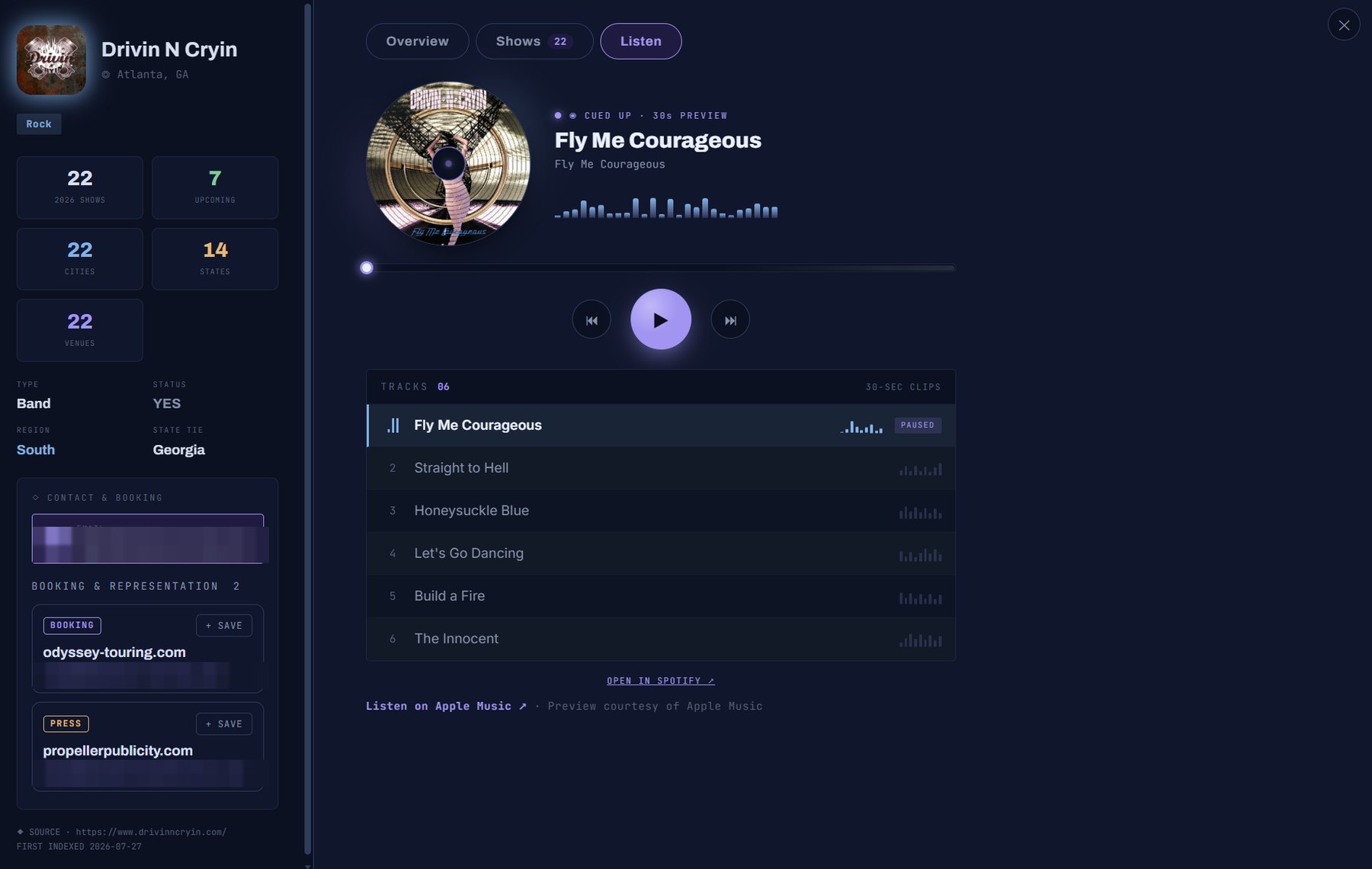 Artist listen tab: 30-second previews of the act's tracks with links to Spotify and Apple Music