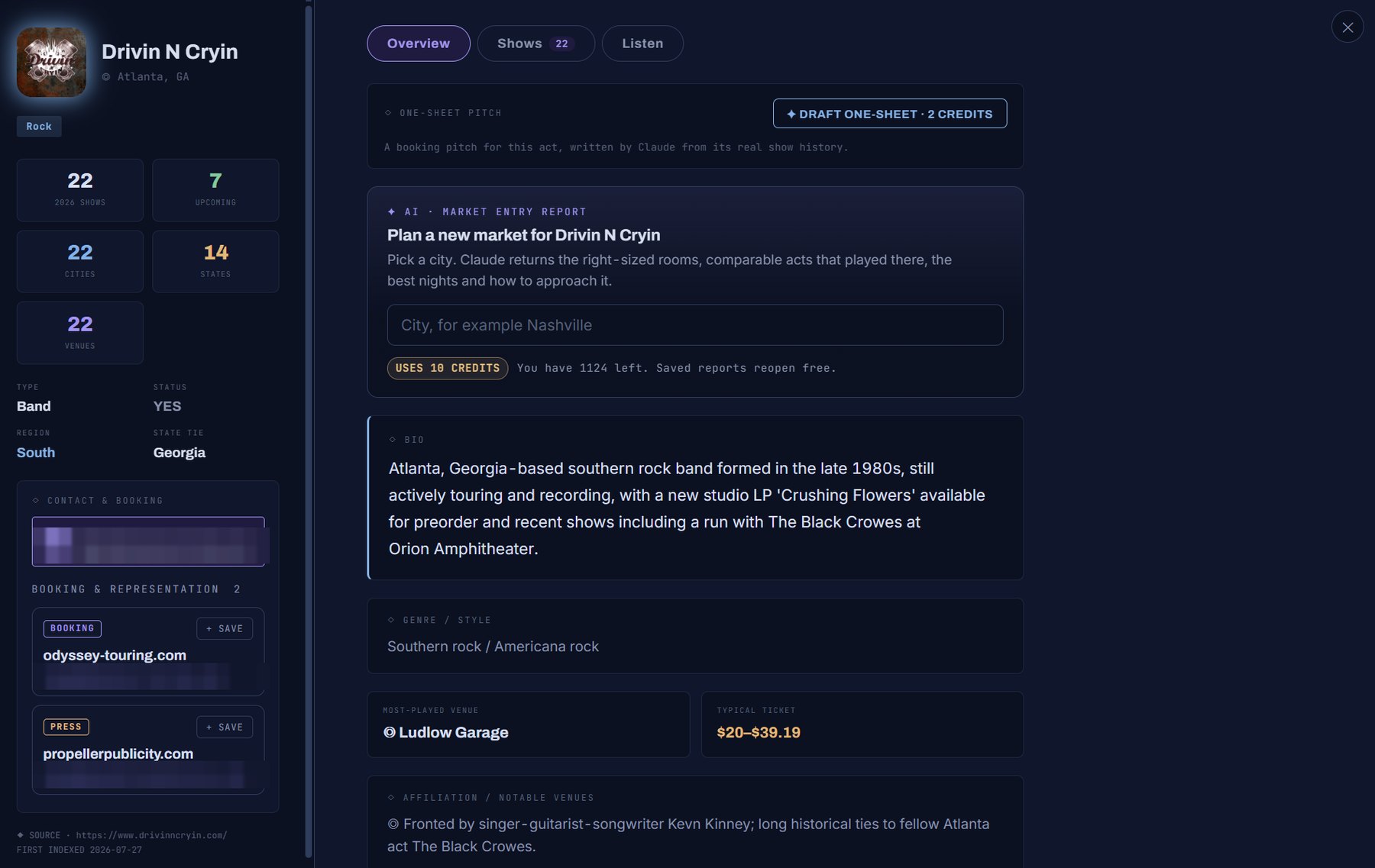 Artist overview: shows, upcoming dates, cities, states and venues, booking and press contacts, bio, most-played venue, typical ticket, and the AI one-sheet and market entry report