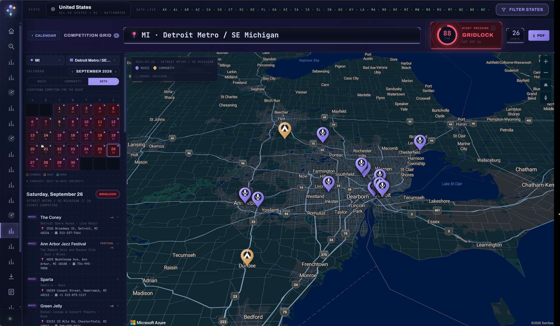 Competition Grid with calendar heat map, Night Pressure 88 GRIDLOCK, and a map of the 26 competing events