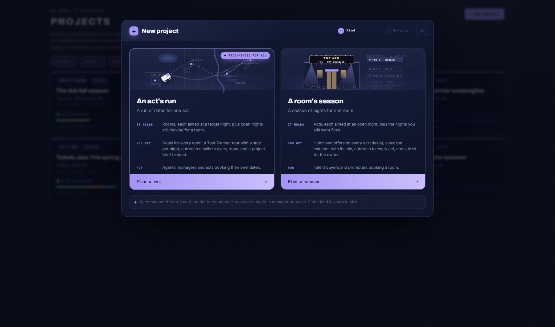 + New project, step 1: the two kinds, with the one matching Your AI marked recommended.