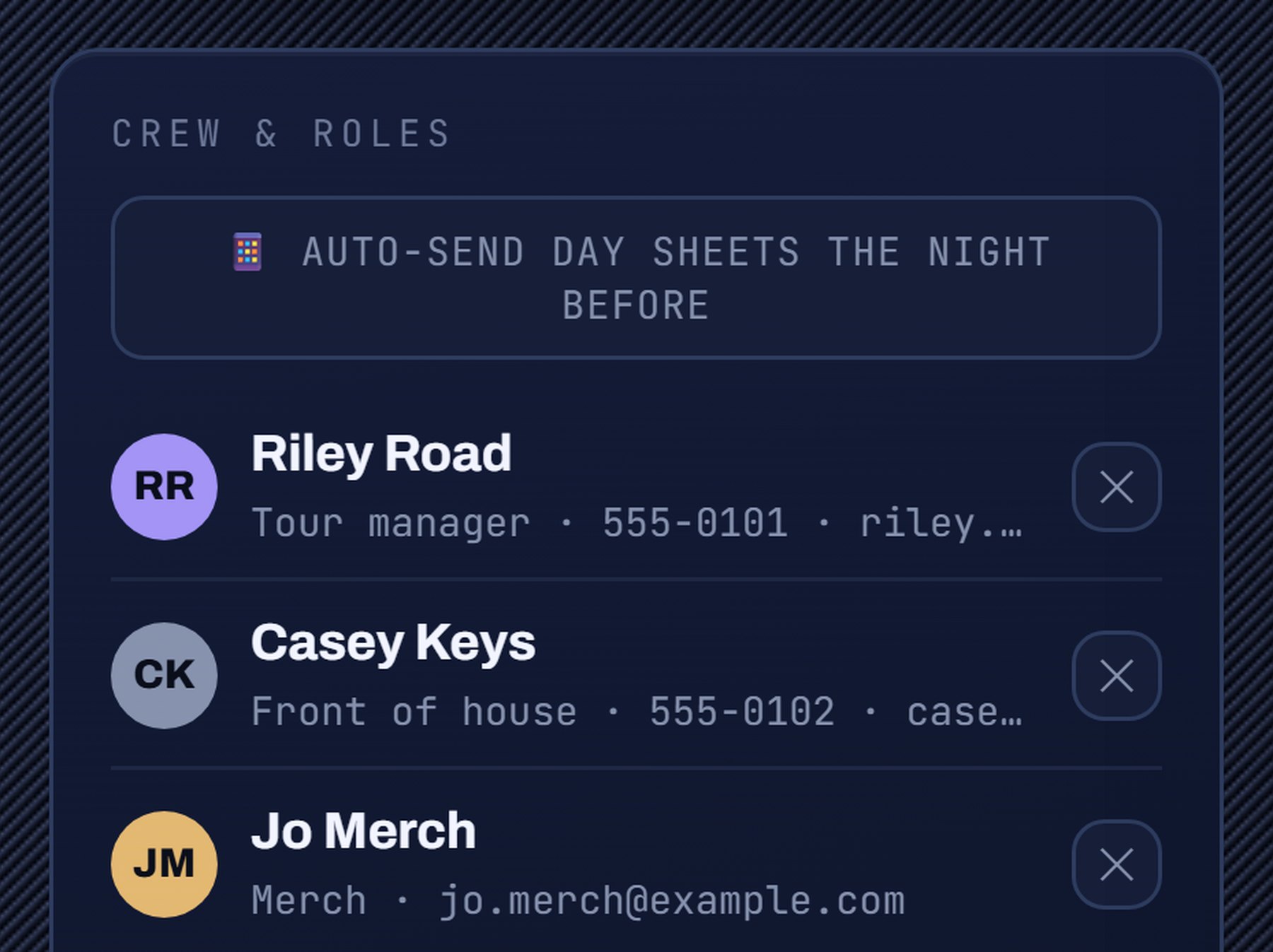 CREW & ROLES: the crew with their emails, and AUTO-SEND DAY SHEETS THE NIGHT BEFORE above them.