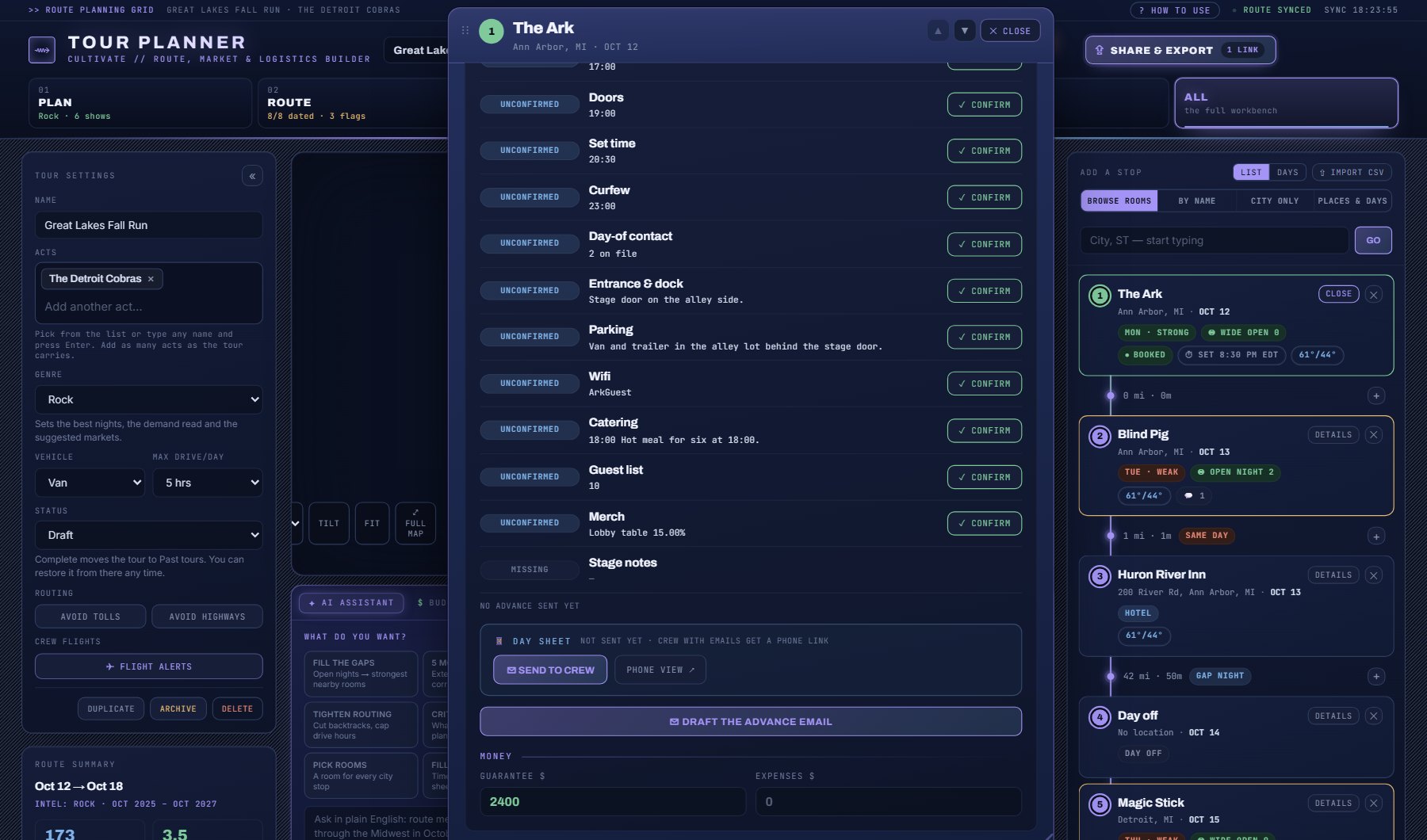 A stop's SHEET, ADVANCE tab: the checklist, SEND TO CREW, and who has pressed GOT IT.