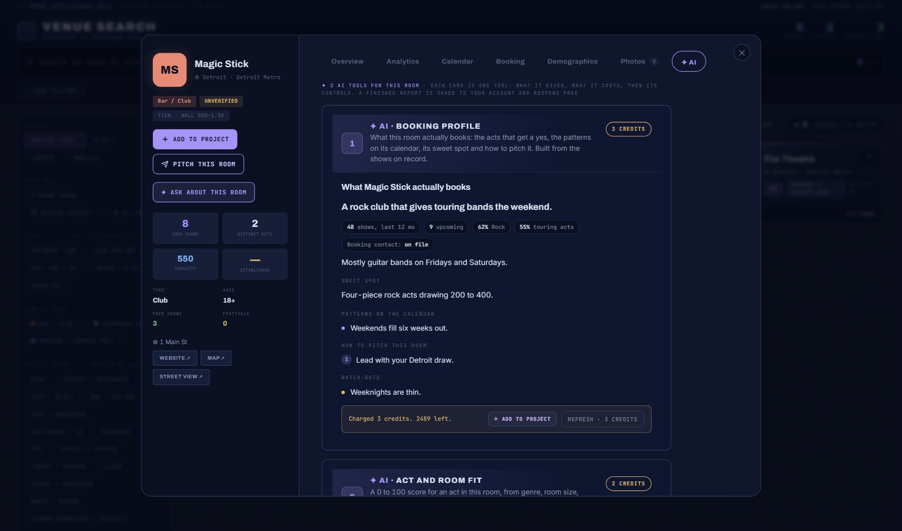 A venue's AI tab with its booking profile built; PRINT / SAVE PDF is on the full-page view.