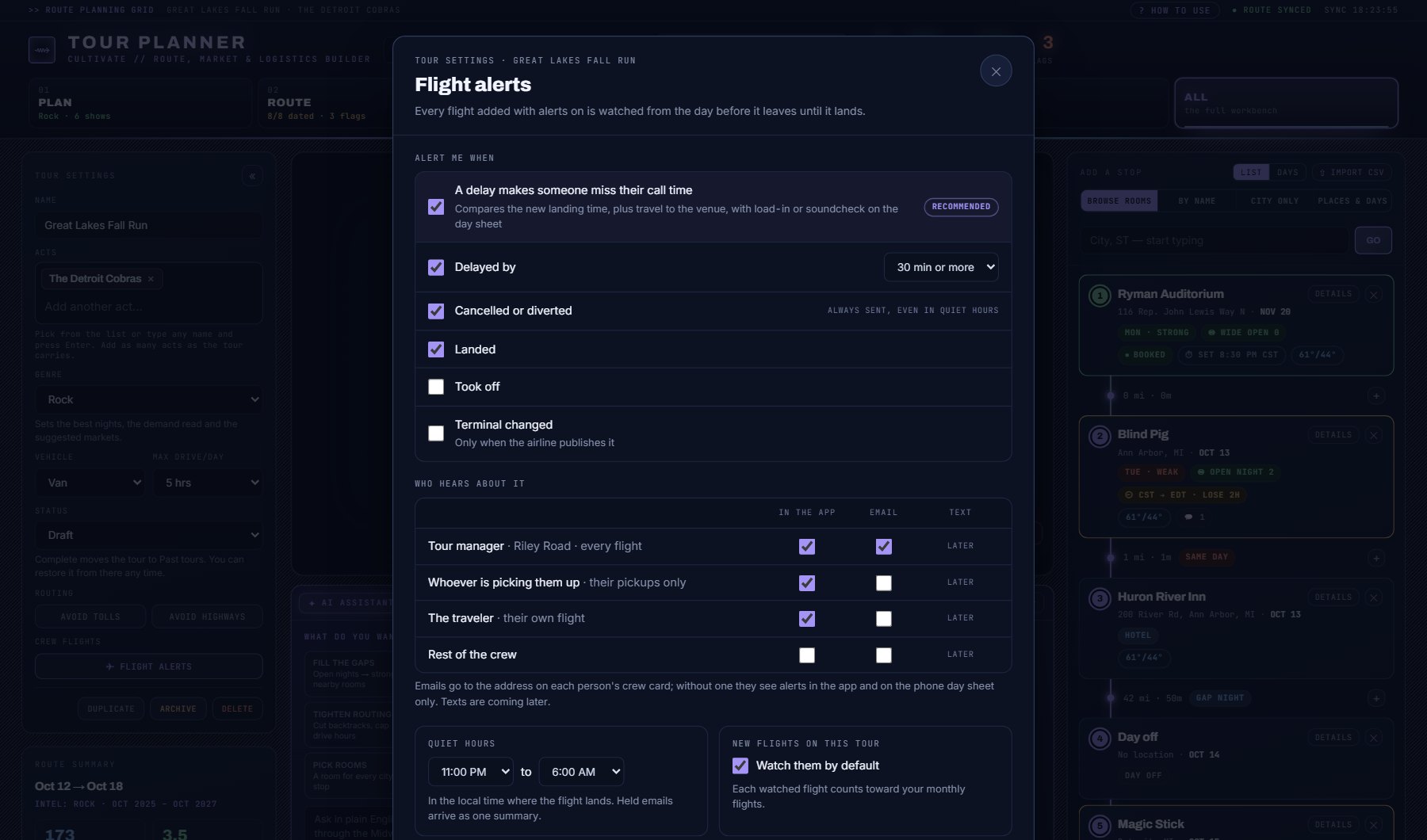 TOUR SETTINGS > FLIGHT ALERTS: what to alert on, who hears, quiet hours.