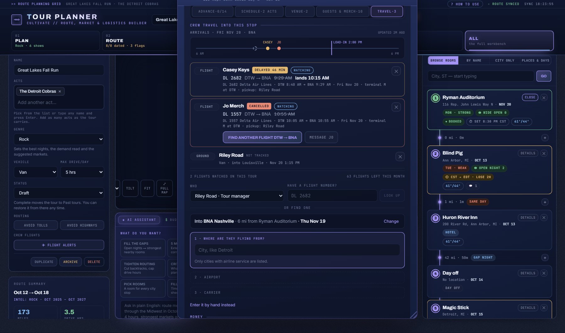 Two watched flights with their live status: one delayed, one cancelled with FIND ANOTHER FLIGHT.