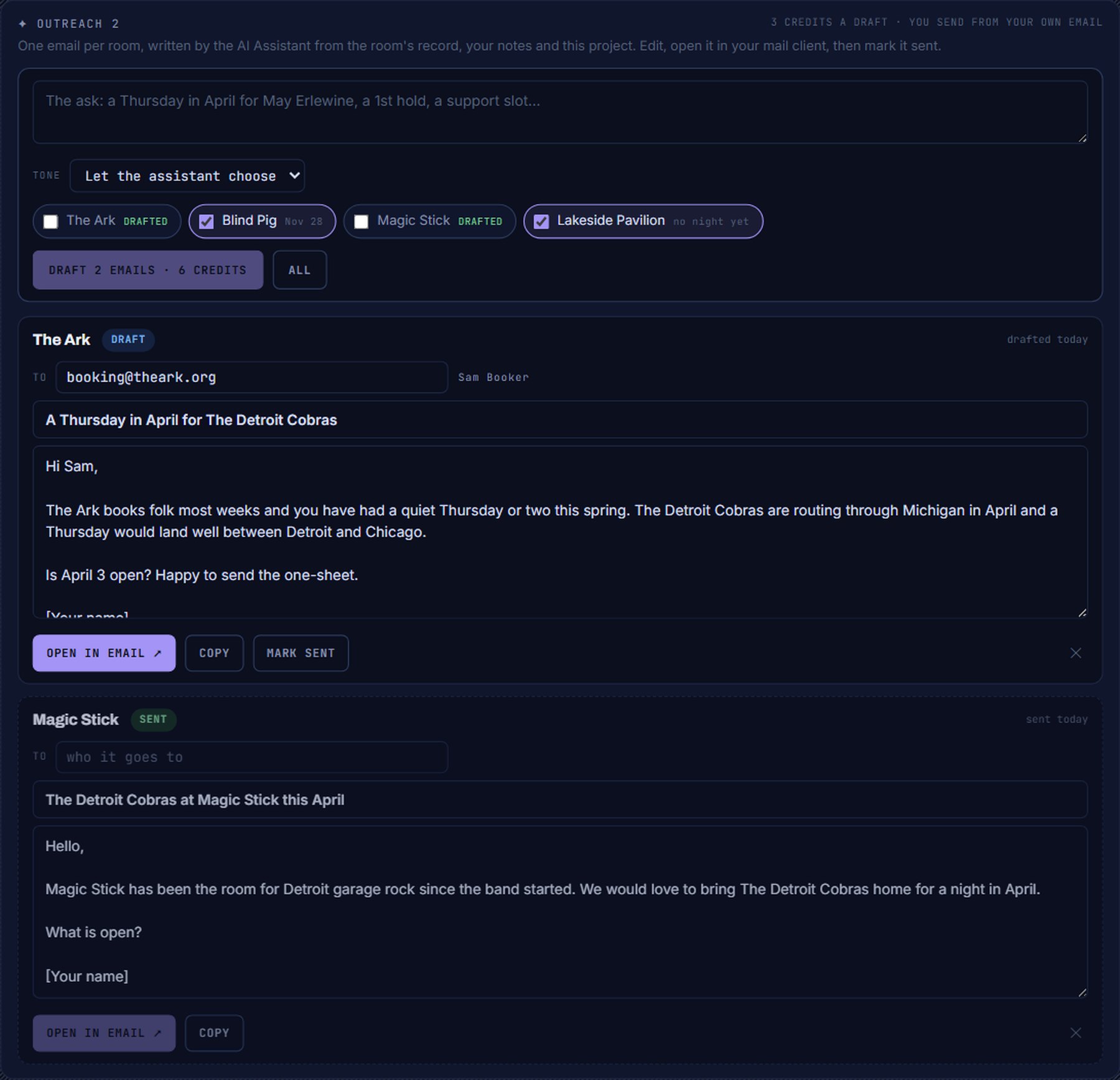 OUTREACH on a project: the ask, the tone, the venues to write to, and the drafts so far.