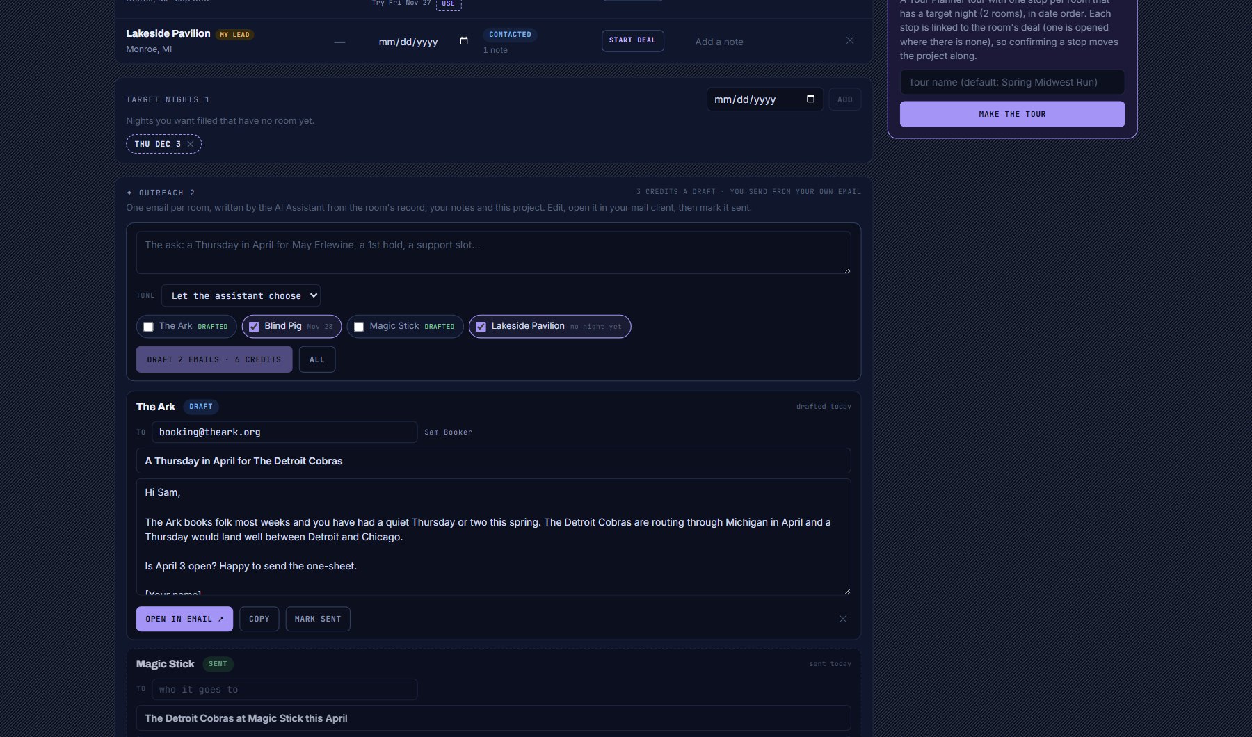 TARGET NIGHTS on the project: a night waiting for a venue, and What to add next below it.