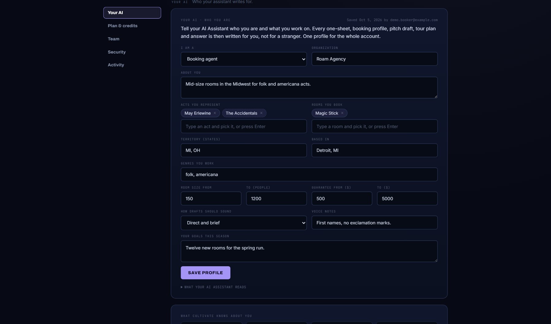 Your AI on the Account page: who you are, your acts, venues, territory, genres and voice.