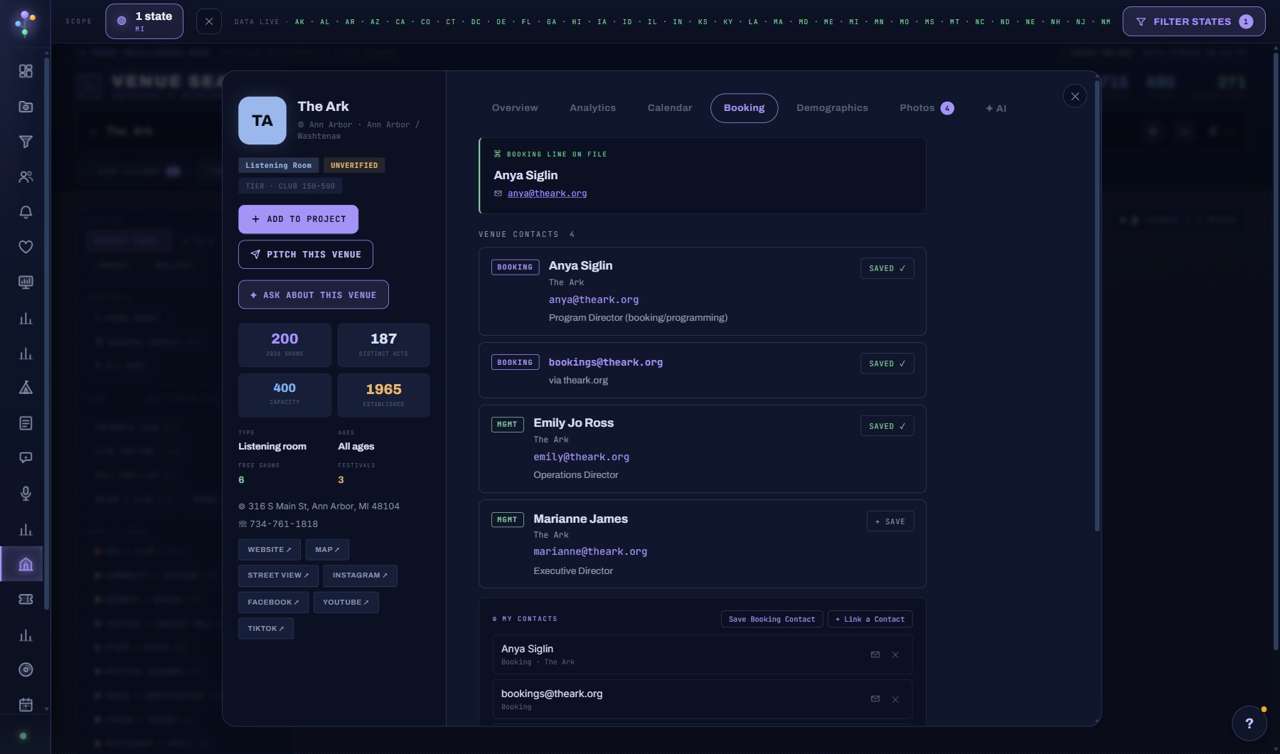 Booking: the booking line, every contact found, and your own contacts for the venue.