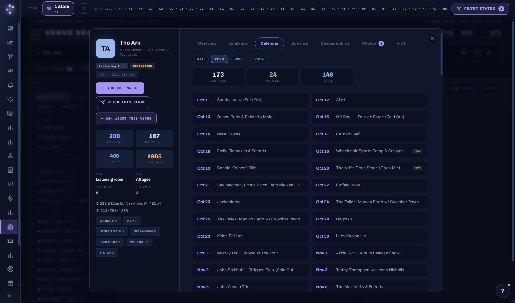 Calendar: the year's shows as date rows, upcoming and played counted.