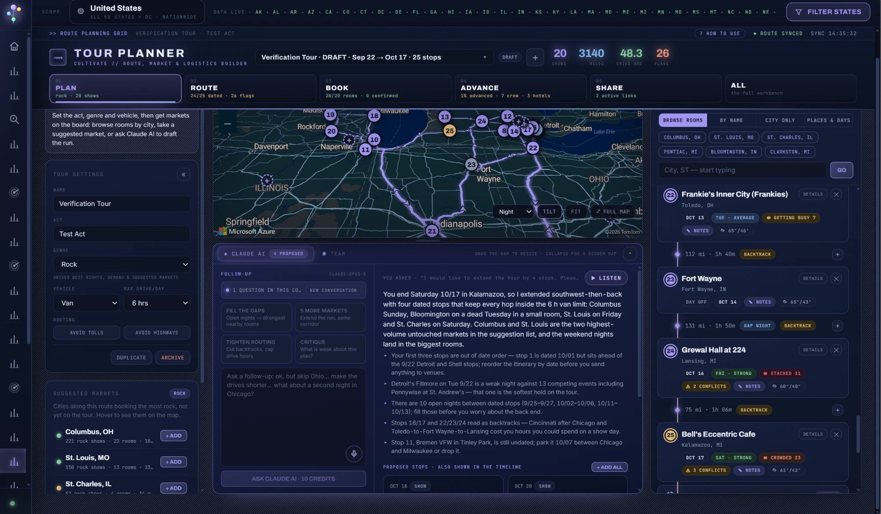 Tour Planner: a 25-stop Midwest run on the map, the stop itinerary on the right, and your AI Assistant proposing four more dated stops