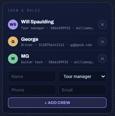 Crew and roles panel with auto-send day sheets