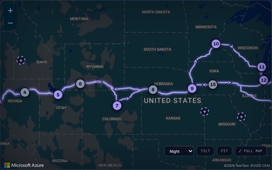 The tour map with numbered pins and the real drive