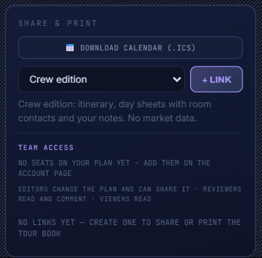 Share and print panel with Tour Book links